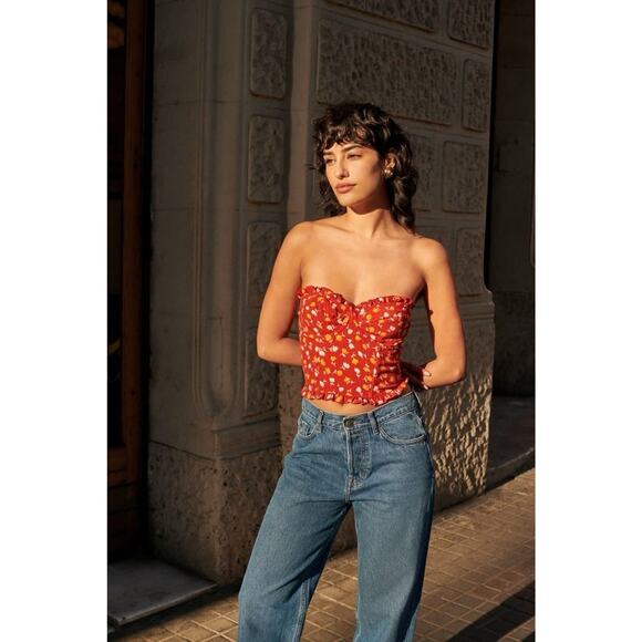 Rouje Paris Red Floral Corset Strapless Top 34 US 2 - Picture 1 of 5